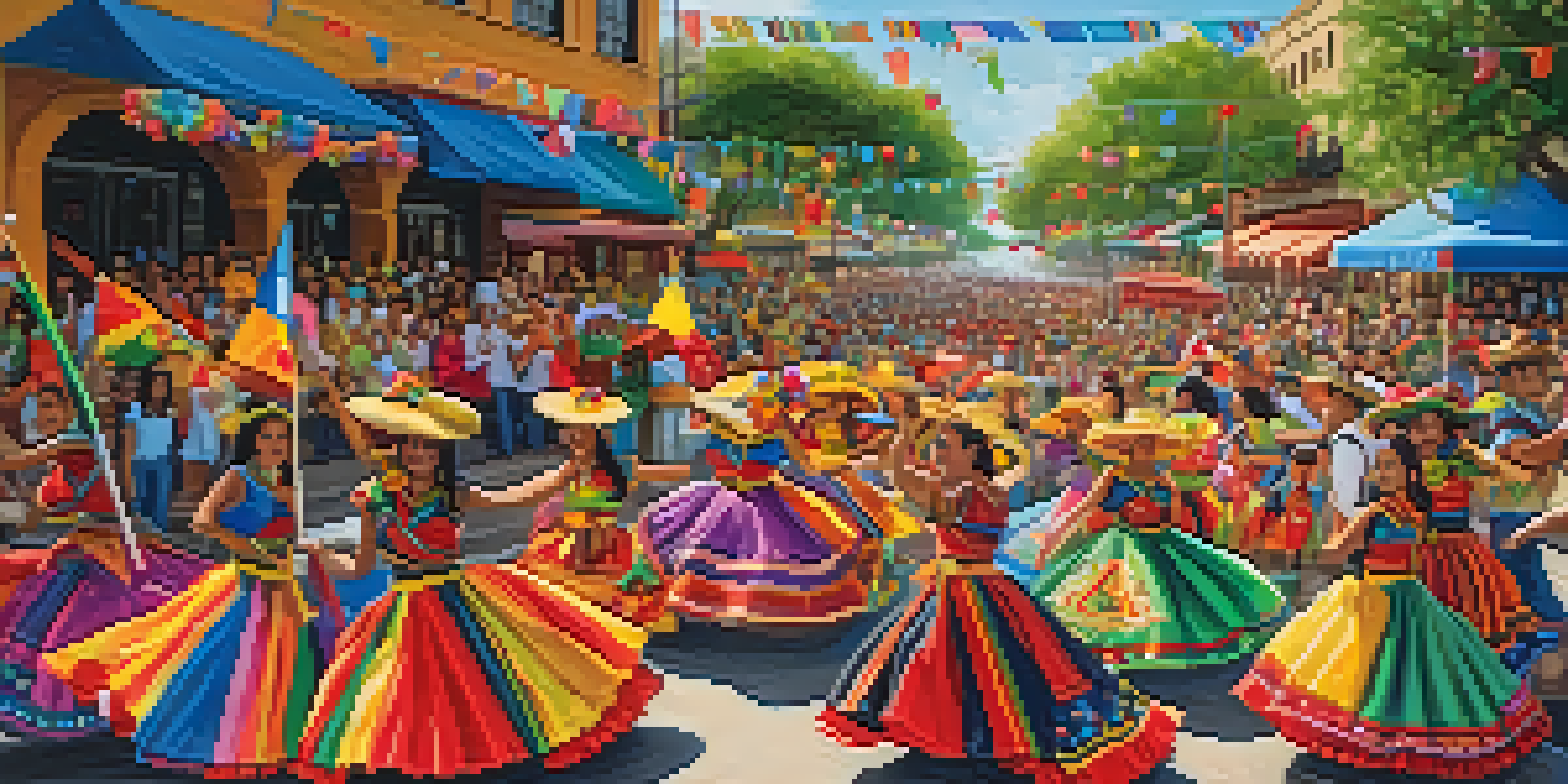 A colorful parade with floats decorated with flowers and lights, people dancing and waving flags along a river, capturing the festive atmosphere of Fiesta in San Antonio.