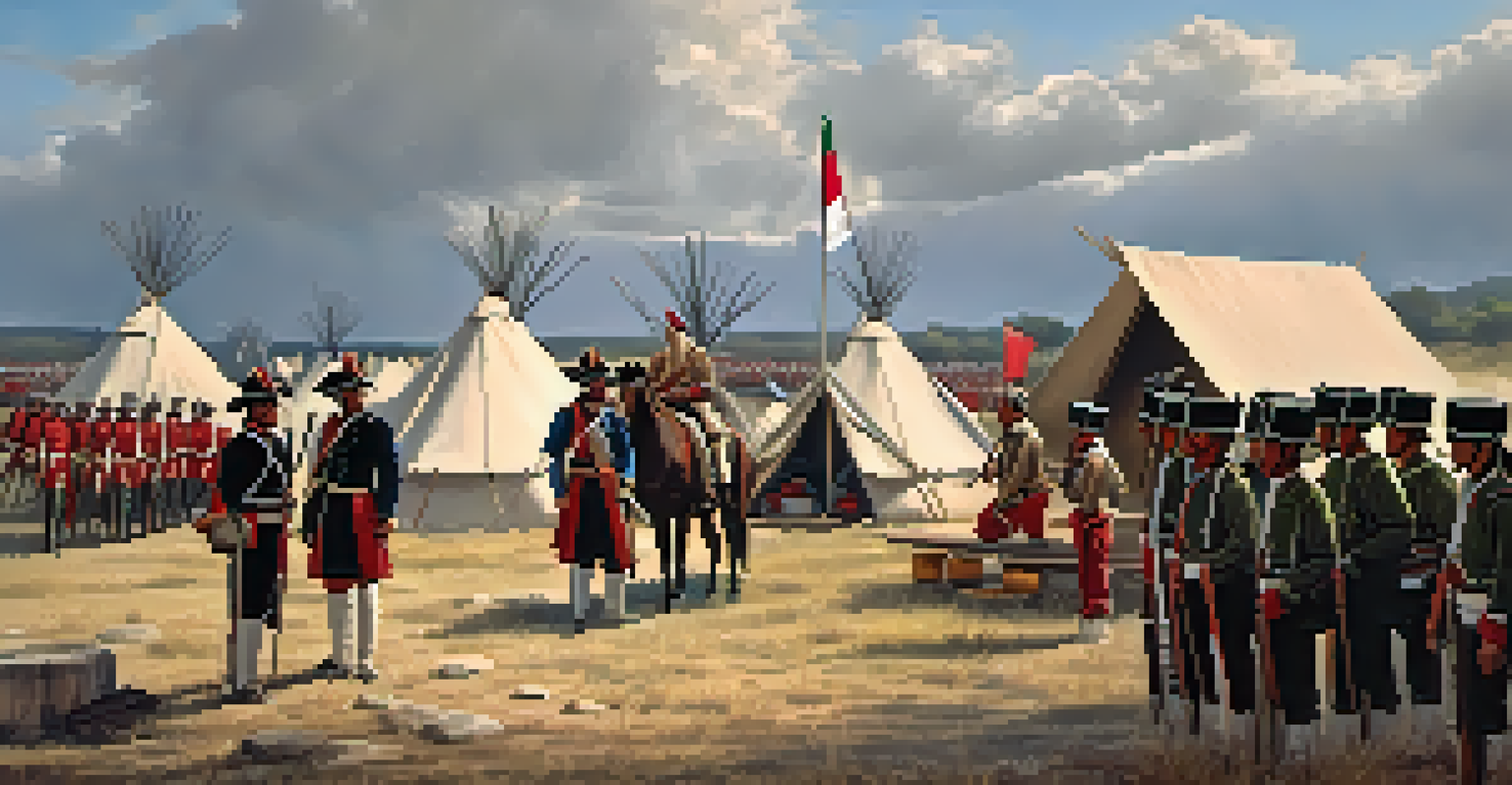 Santa Anna's camp with Mexican soldiers preparing, featuring tents and a campfire, with the Texian flag in the distance under a cloudy sky.