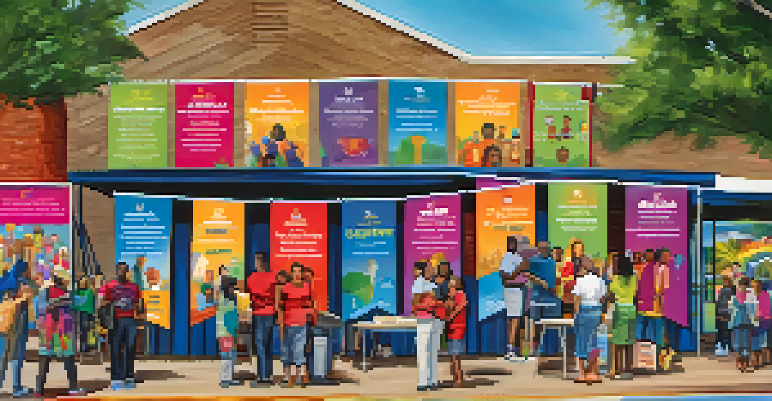 A community outreach event with educators and residents engaging in a mentorship program, featuring educational resources and colorful banners.