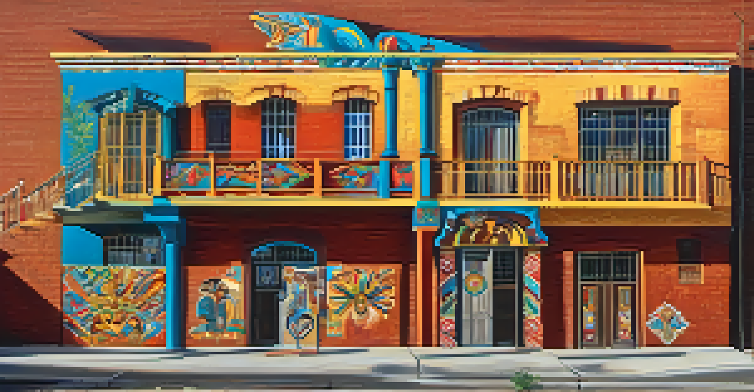 A colorful mural representing Tejano culture with symbols of music and dance on a brick wall.