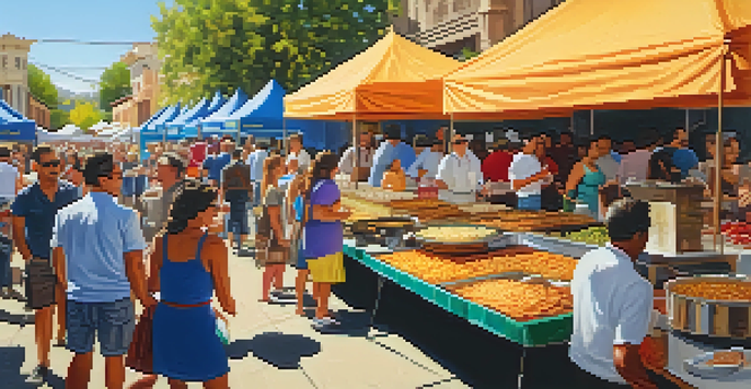 A lively street scene at a food festival in San Antonio, with colorful food booths and people sampling traditional dishes.