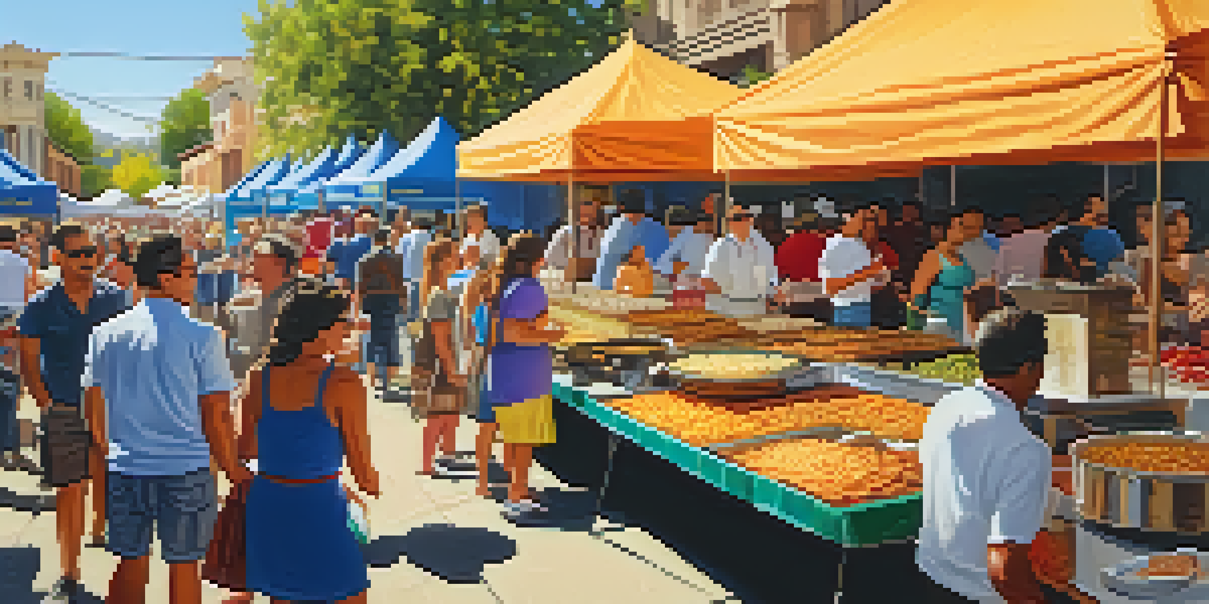 A lively street scene at a food festival in San Antonio, with colorful food booths and people sampling traditional dishes.