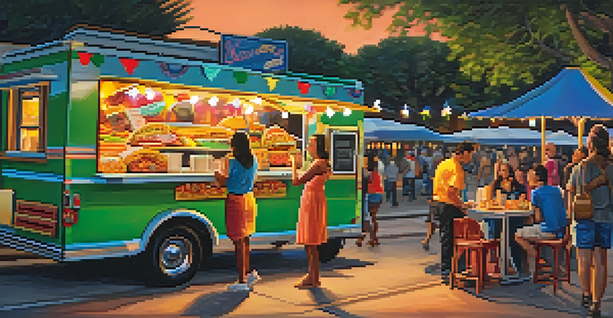 A lively street food scene in San Antonio with a colorful food truck serving tacos, people enjoying their meals, and sunset lighting.