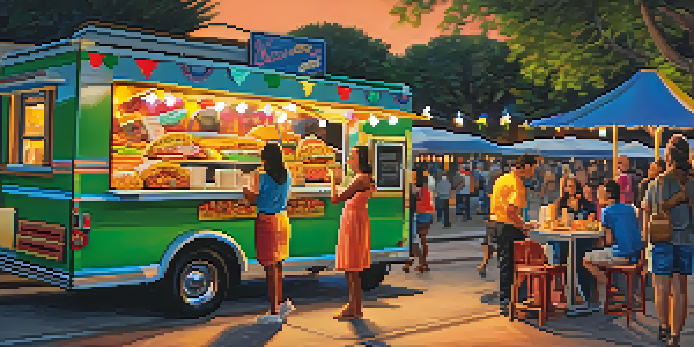 A lively street food scene in San Antonio with a colorful food truck serving tacos, people enjoying their meals, and sunset lighting.