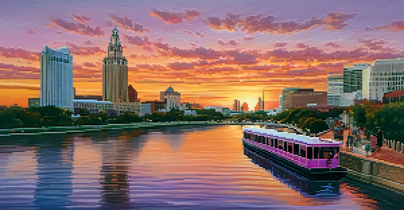 Sunset over San Antonio skyline with Tower Life Building and River Walk, featuring vibrant colors and people by the water.
