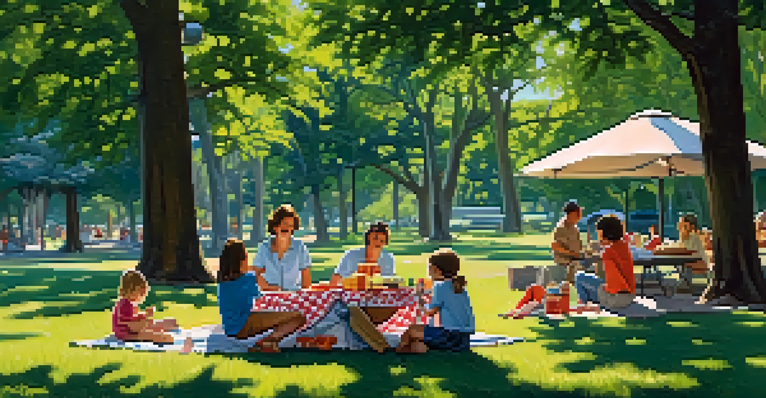 A family having a picnic in the park with trees and children playing around.