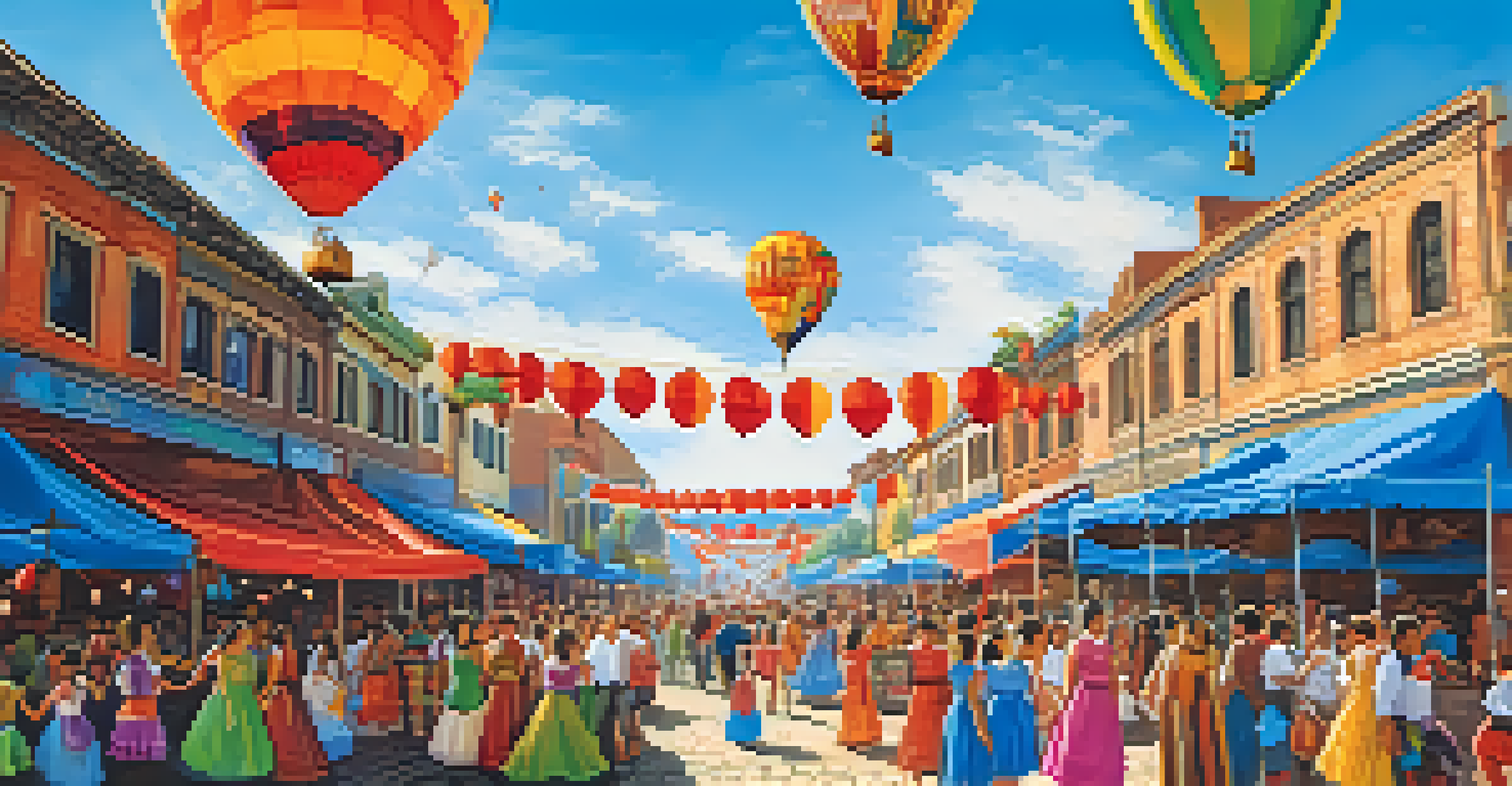 A vibrant festival scene at Market Square featuring decorations, performances, and local artists, with a clear blue sky above.