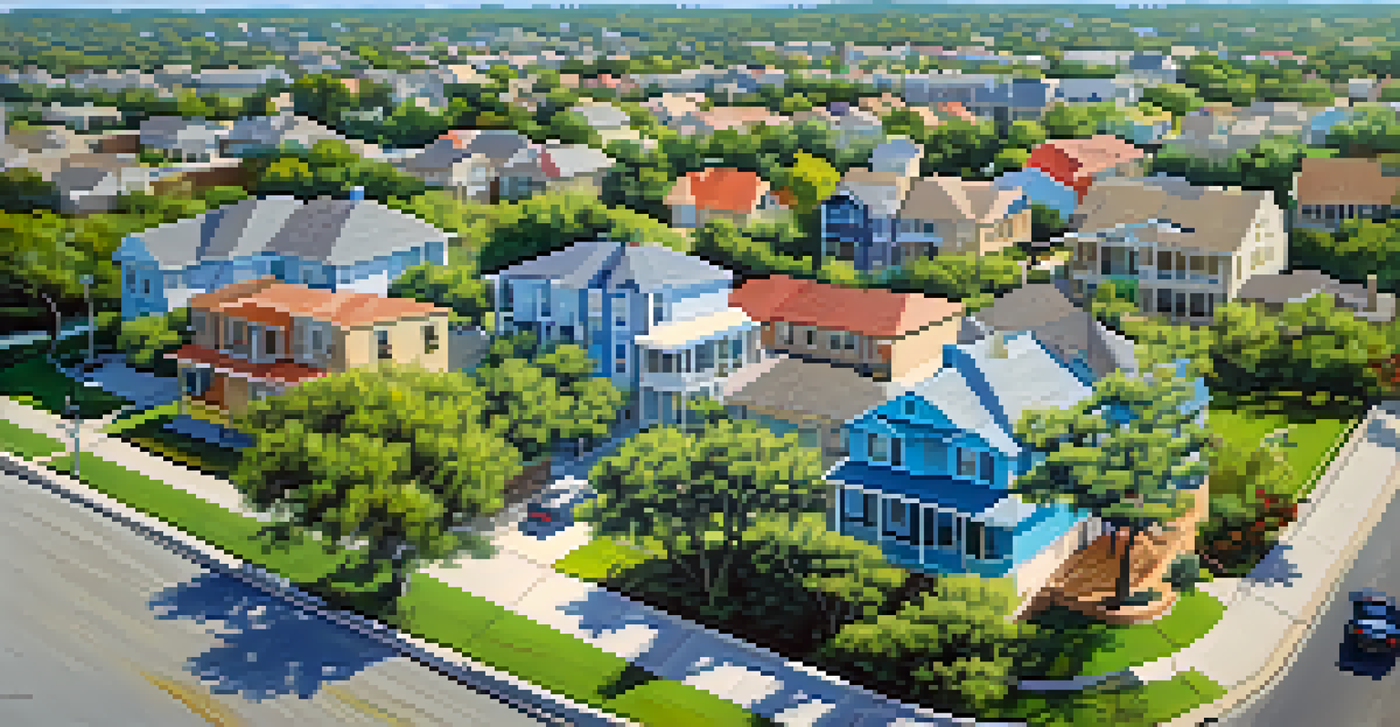 Aerial view of the West Side of San Antonio, showing a blend of traditional homes and new developments with bright blue skies.