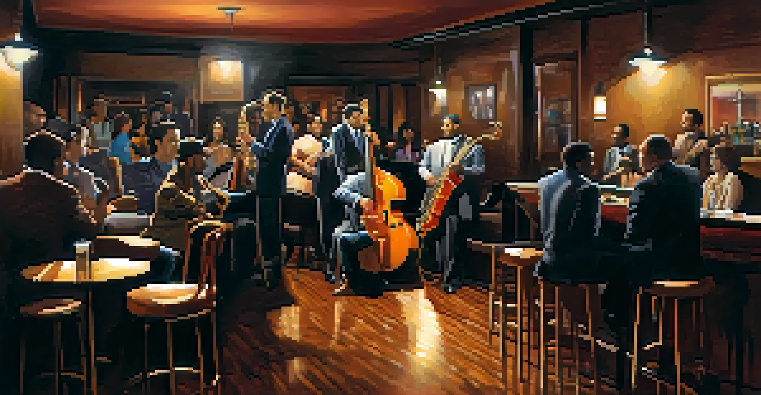 A cozy jazz club in San Antonio with a band performing on stage, and an attentive audience enjoying the music in a softly lit environment.