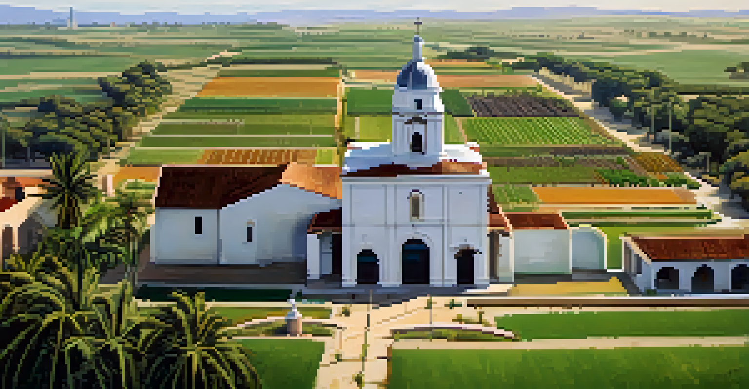 An aerial view of Mission San Juan's lush agricultural fields and the restored church.
