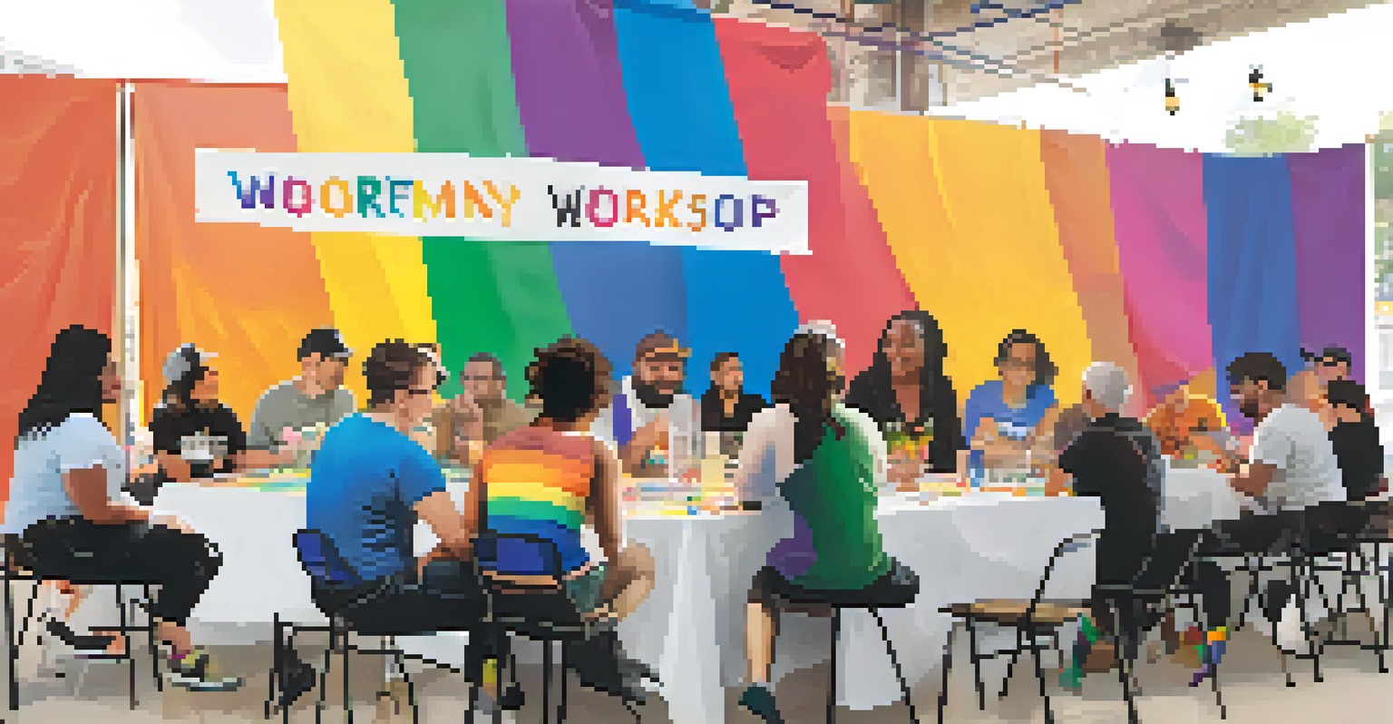 A community workshop at Pride San Antonio, featuring diverse participants engaged in discussions about LGBTQ+ issues in a welcoming environment.