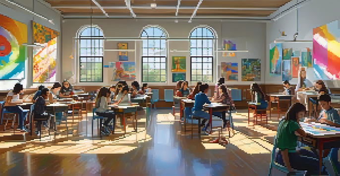A lively classroom in a specialized arts school with students engaged in creative activities like painting and music, surrounded by colorful artwork and natural light.
