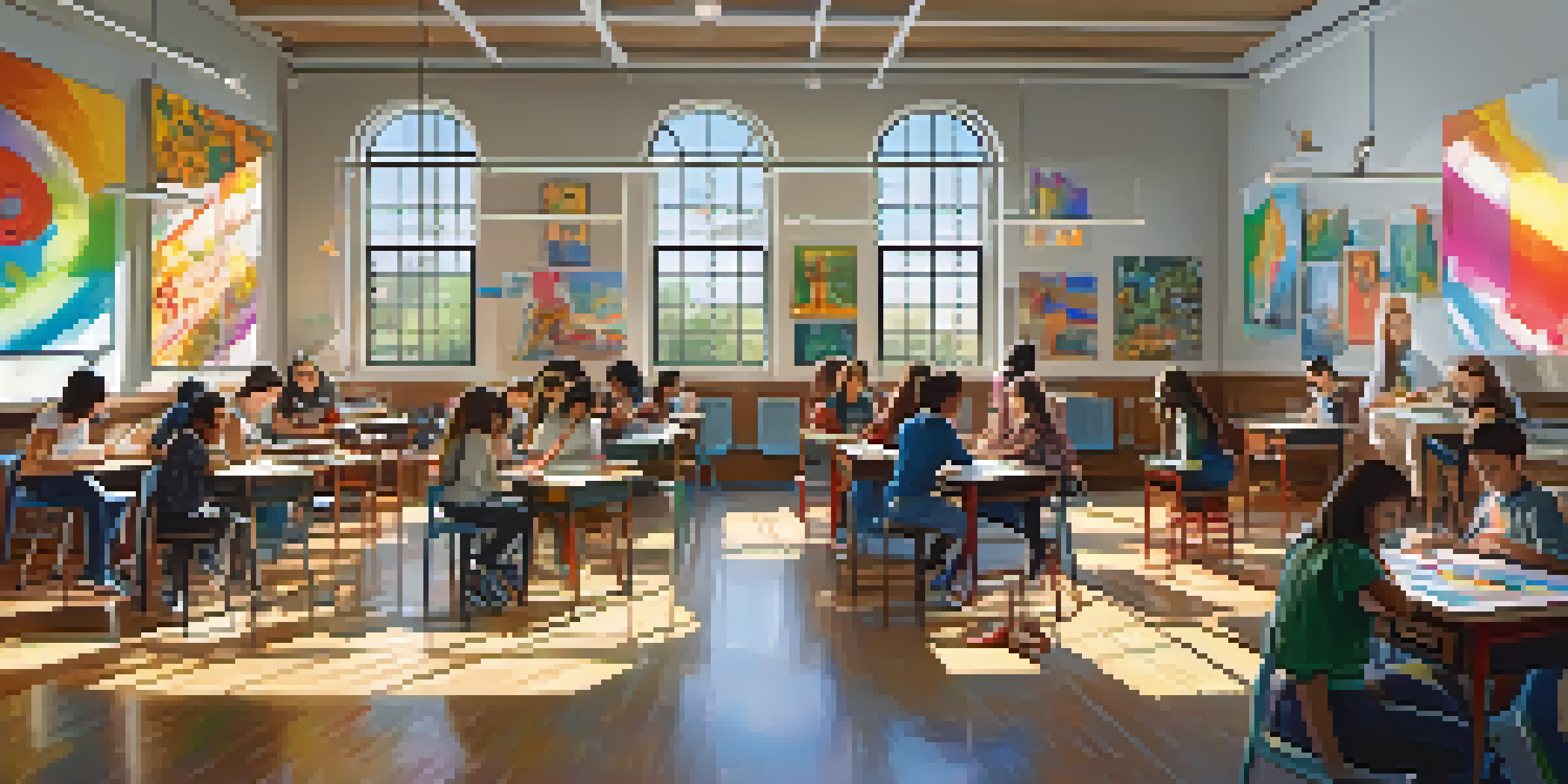 A lively classroom in a specialized arts school with students engaged in creative activities like painting and music, surrounded by colorful artwork and natural light.