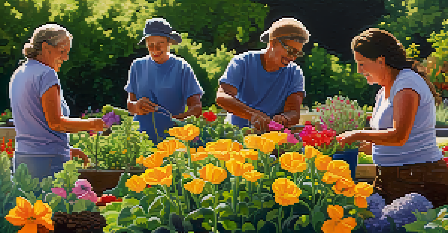 Close-up of a community garden on the East Side of San Antonio, with residents tending to colorful plants under warm sunlight.