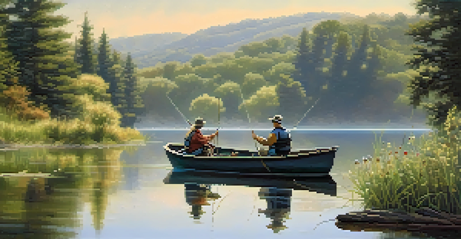 Anglers fishing on Lake Medina in a calm morning light, surrounded by lush hills and wildflowers.