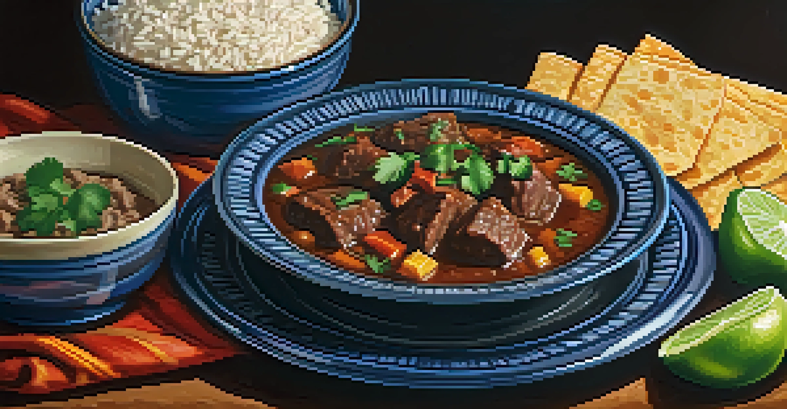 A close-up view of a plate of carne guisada served with tortillas and rice, showcasing vibrant colors and textures.