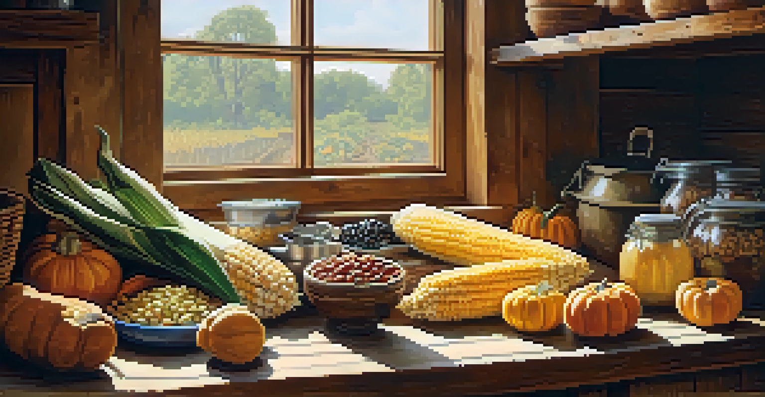 A rustic kitchen setting with traditional Native American ingredients like corn, beans, and squash on a wooden table, illuminated by natural light.