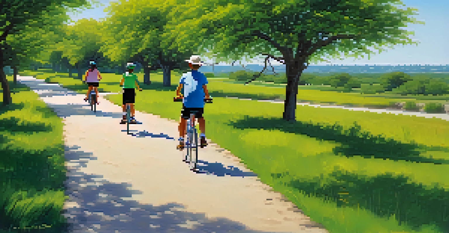 A family biking along a scenic trail by the San Antonio River, with trees and wildflowers in the background.