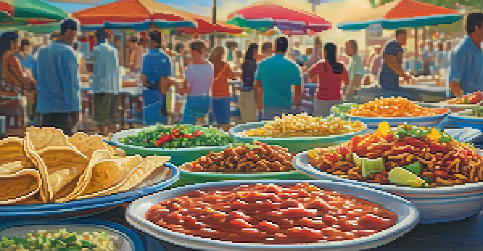 A close-up of a vendor's stall showcasing colorful Mexican dishes, including tacos, with happy customers in the background.