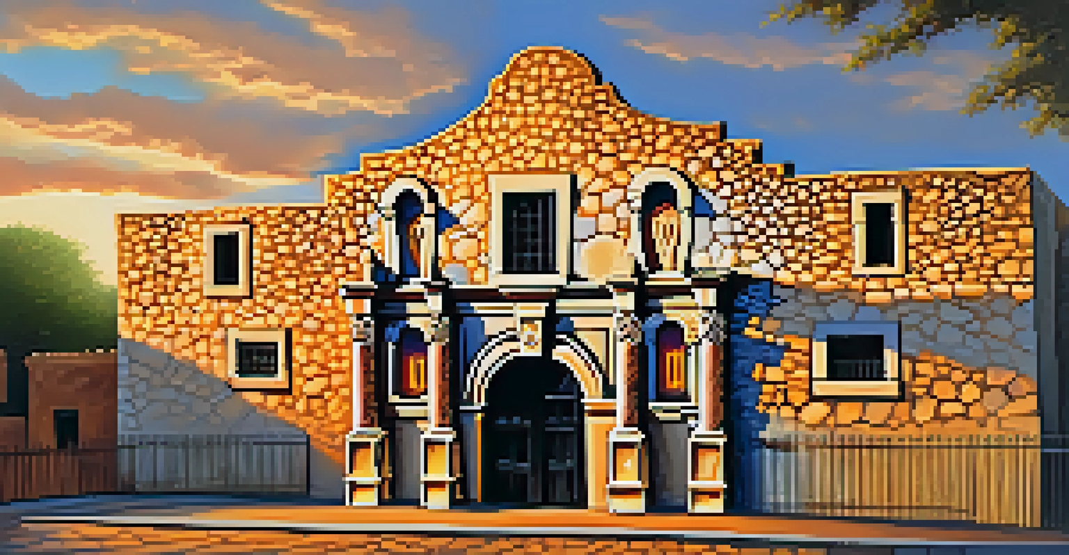 A dramatic image of The Alamo at sunset, highlighting its thick stone walls and arched doorways illuminated by golden light.
