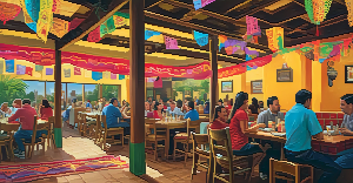 Interior of a colorful Tex-Mex restaurant with festive decorations and patrons enjoying meals.