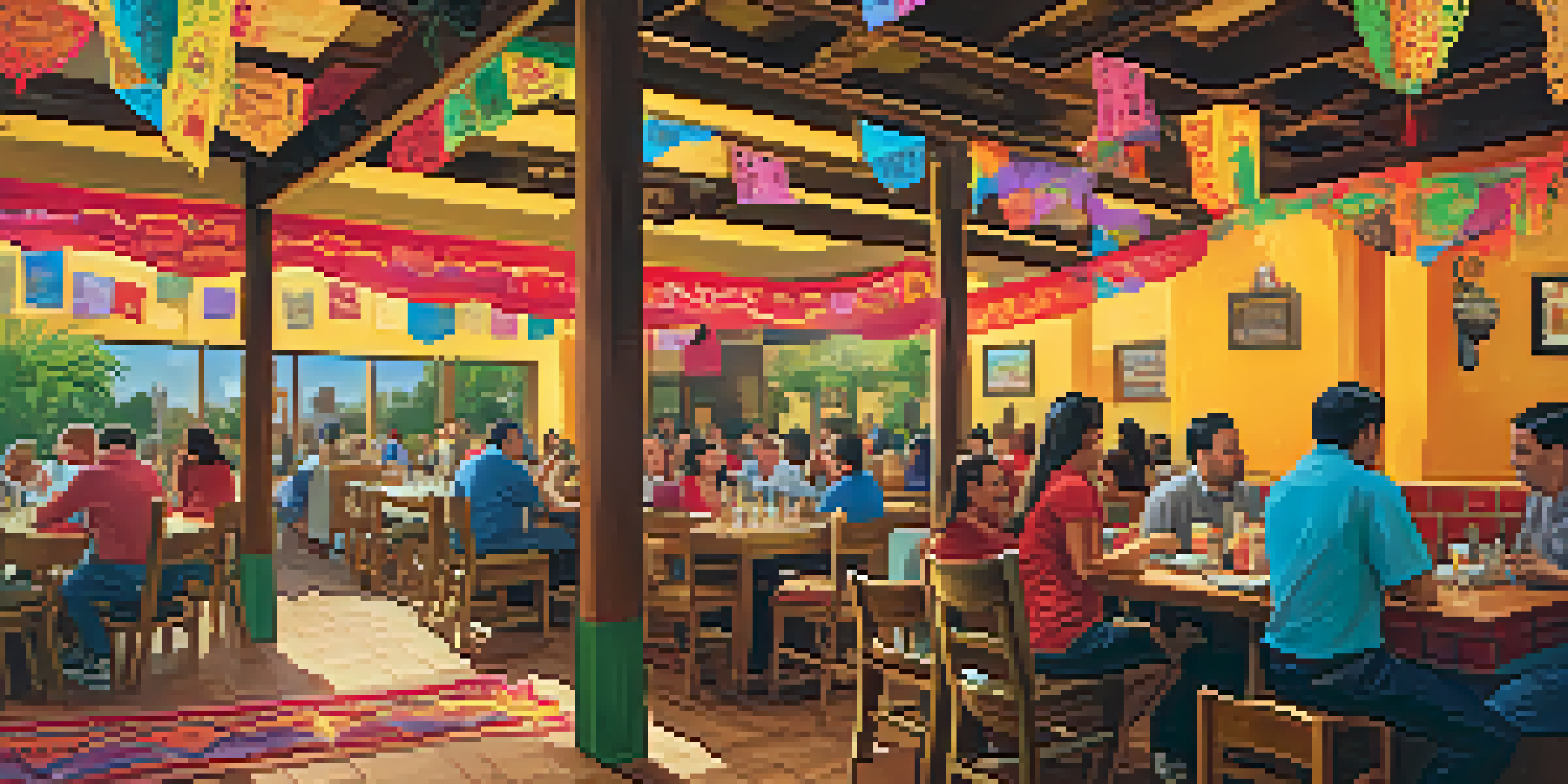 Interior of a colorful Tex-Mex restaurant with festive decorations and patrons enjoying meals.