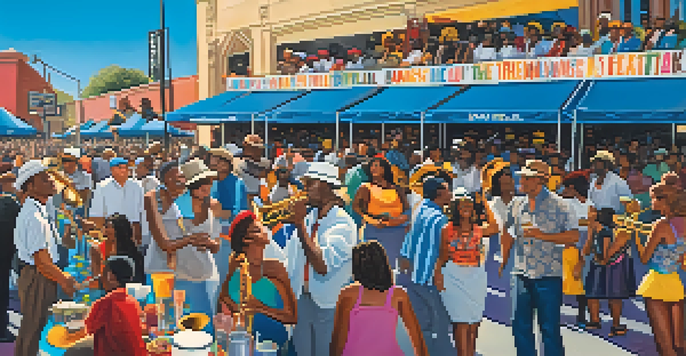 A lively outdoor jazz festival scene with musicians on stage, colorful banners, and a crowd enjoying the music.