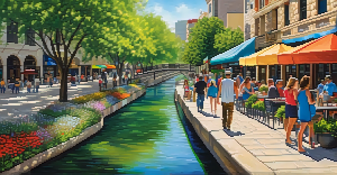 A picturesque spring scene at the San Antonio River Walk with blooming flowers and people walking along the path.