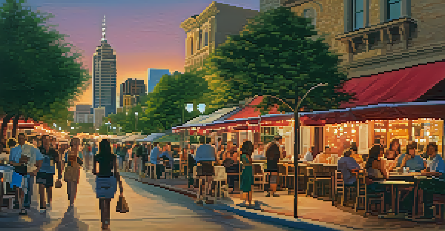 Sunset street scene in San Antonio with people dining outdoors, colorful lights, and the skyline in the background.