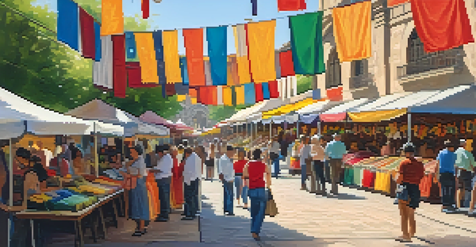 A lively market scene in Historic Market Square with colorful stalls and diverse shoppers, featuring traditional crafts and sunny weather.