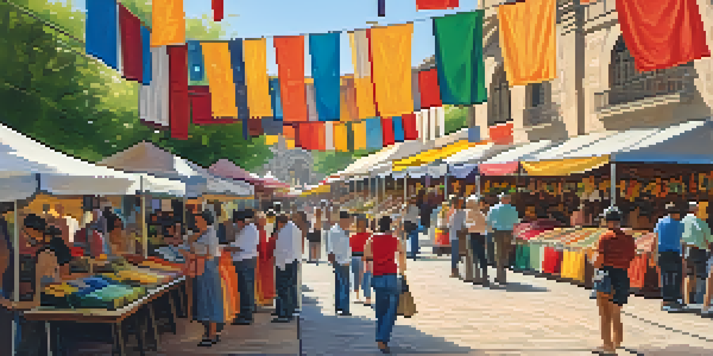 A lively market scene in Historic Market Square with colorful stalls and diverse shoppers, featuring traditional crafts and sunny weather.