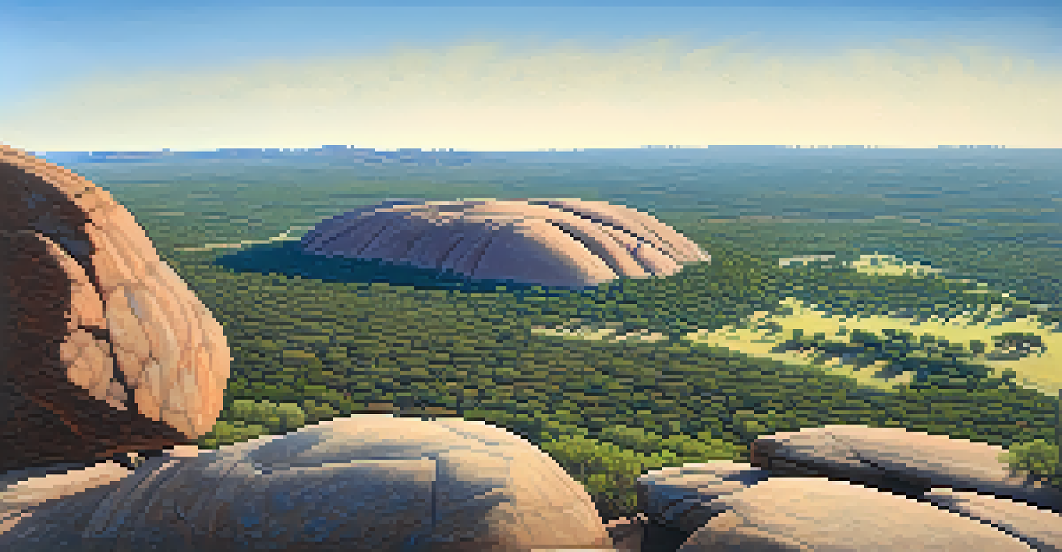 A wide view from the top of a granite dome, showing hills and clear sky, with hikers admiring the landscape.