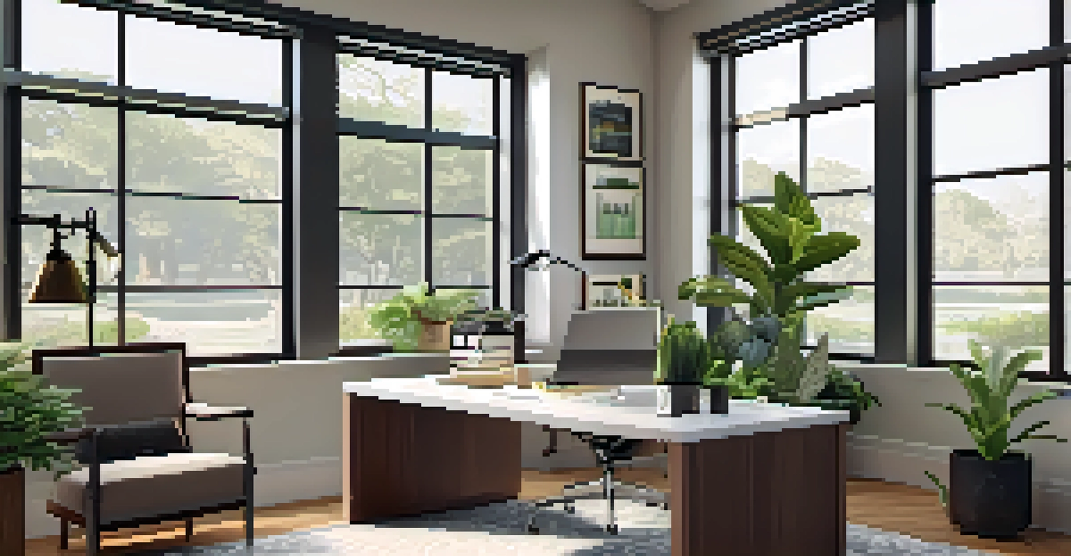 A well-lit home office in a San Antonio house, showcasing a modern desk setup with a computer, plants, and plenty of natural light coming through large windows.