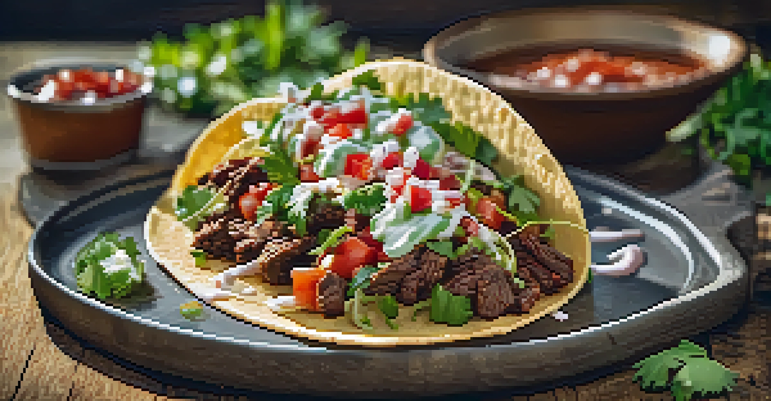 A close-up of a gourmet fusion taco with Korean BBQ beef, garnished with cilantro and served with salsa and lime wedges.