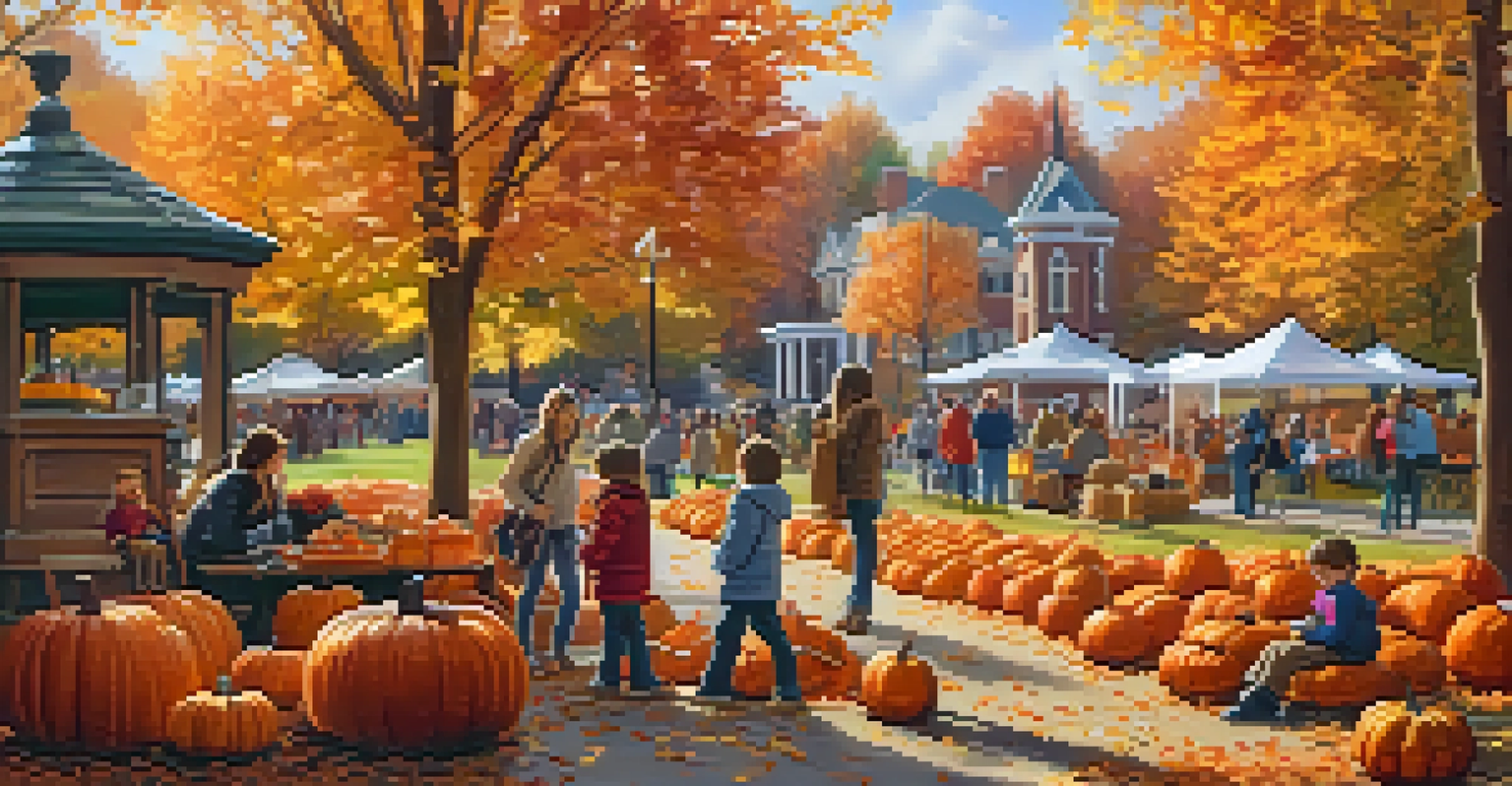 A picturesque autumn park scene with colorful trees and families participating in a pumpkin carving contest surrounded by vibrant fall colors.