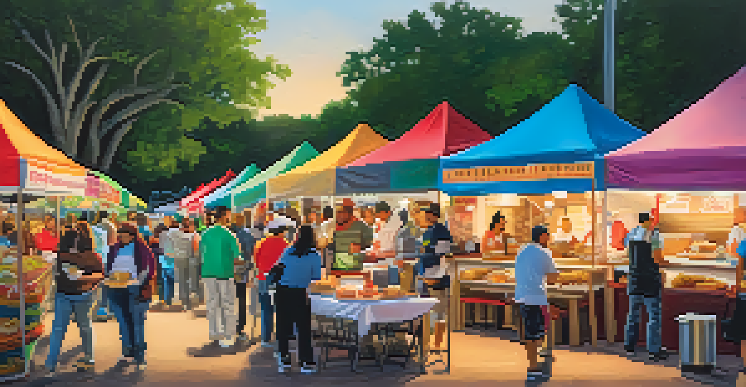 A vibrant food vendor area with local dishes and visitors enjoying meals at picnic tables, under warm lighting.