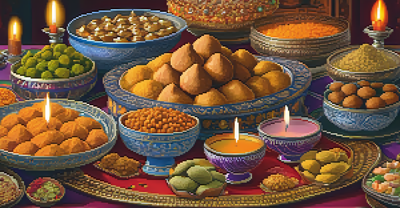 A table filled with traditional Diwali sweets and dishes, surrounded by decorative flowers and candles, showcasing the festive spirit.