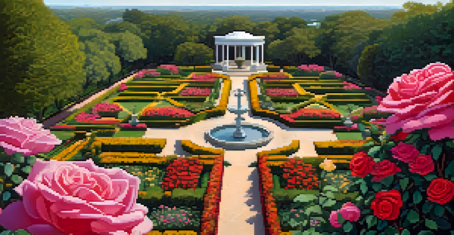 Aerial view of a vibrant rose garden filled with roses in different colors, with a historic home in the background surrounded by greenery.