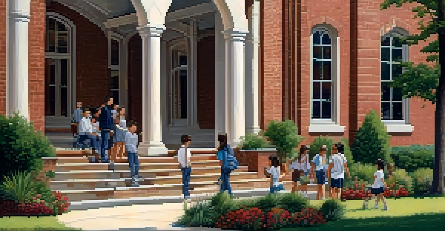 The exterior of a private school with students playing in the garden, showcasing an elegant building and a friendly environment.