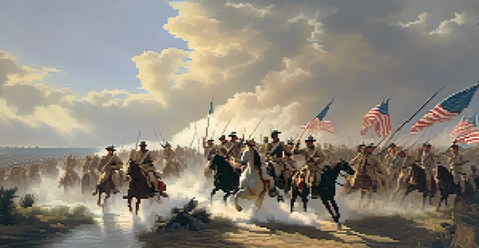 Texian soldiers charging forward in battle with flags waving and the San Jacinto River in the background, under a warm golden light.