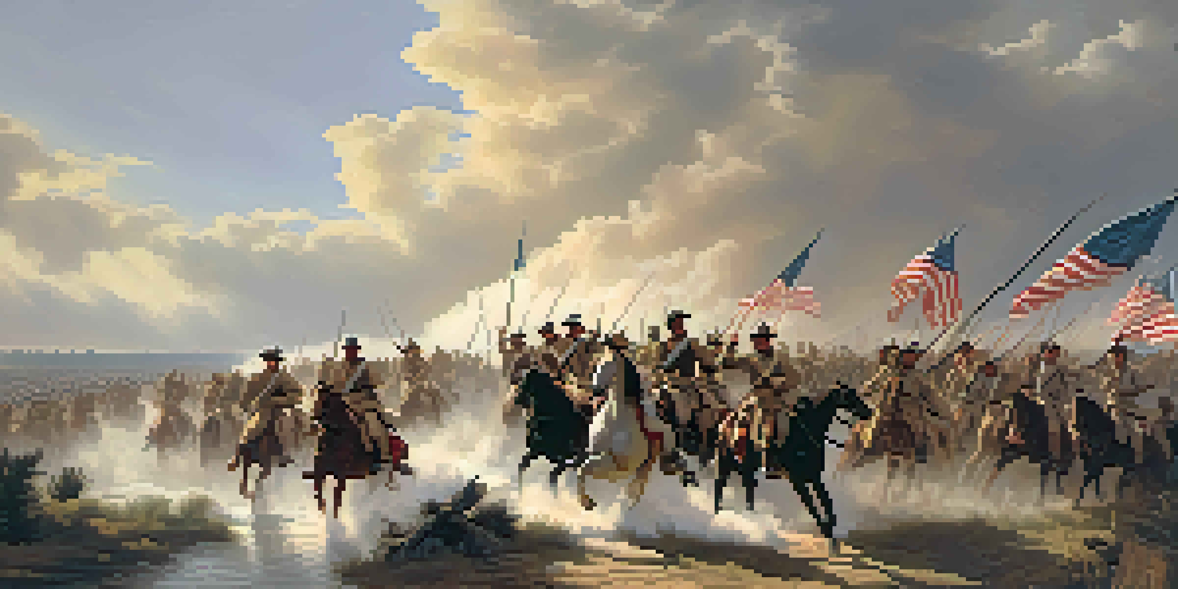 Texian soldiers charging forward in battle with flags waving and the San Jacinto River in the background, under a warm golden light.