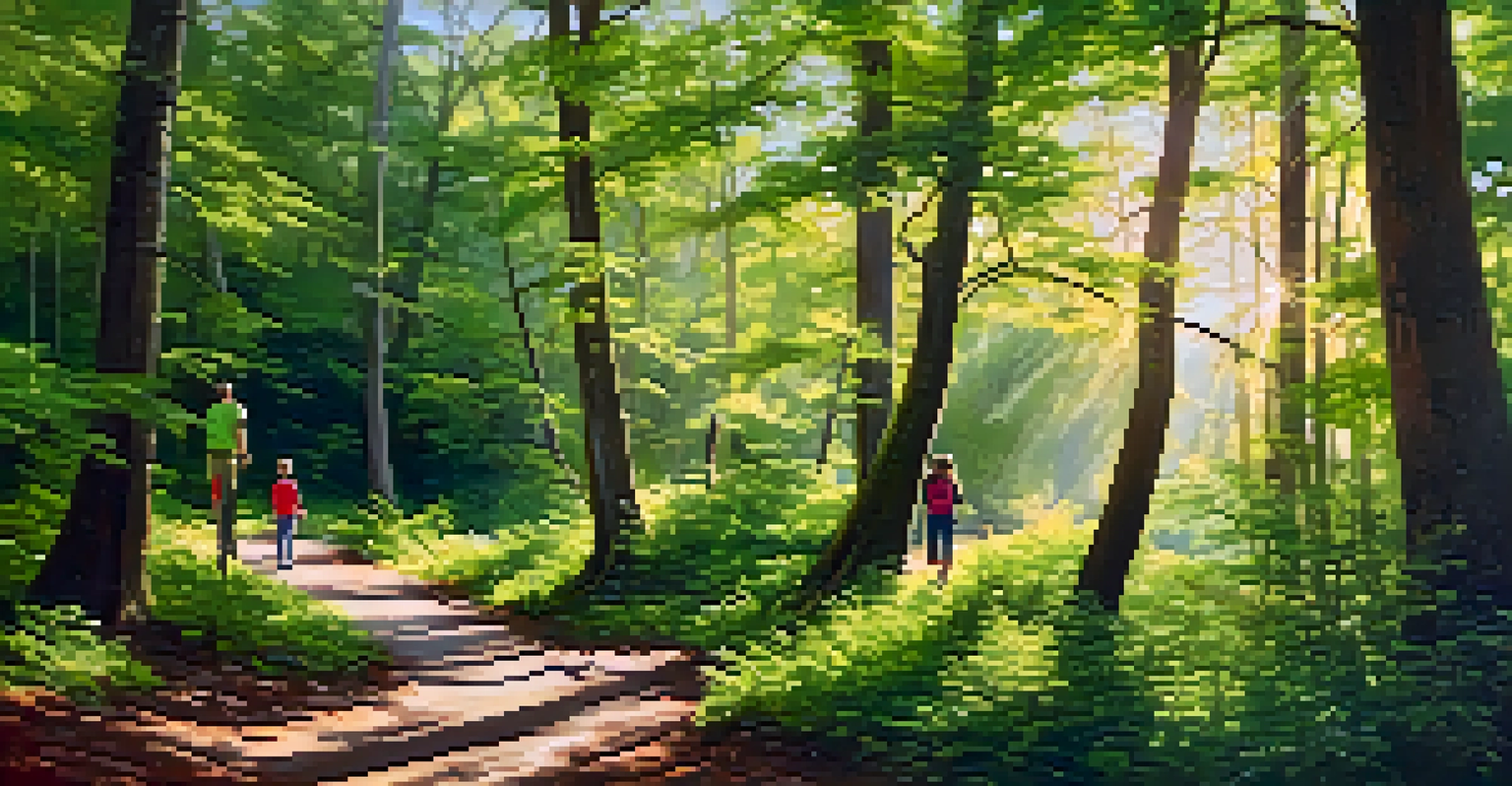 A family-friendly hiking trail surrounded by green trees, with children exploring and sunlight shining through the foliage.
