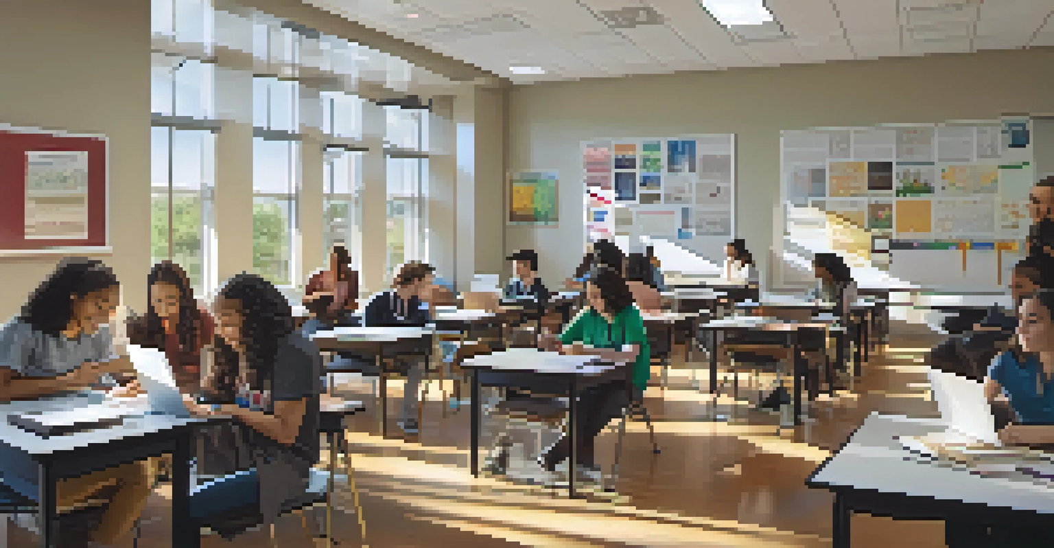 A classroom filled with diverse students working together on a project, illuminated by natural light with educational posters on the walls.
