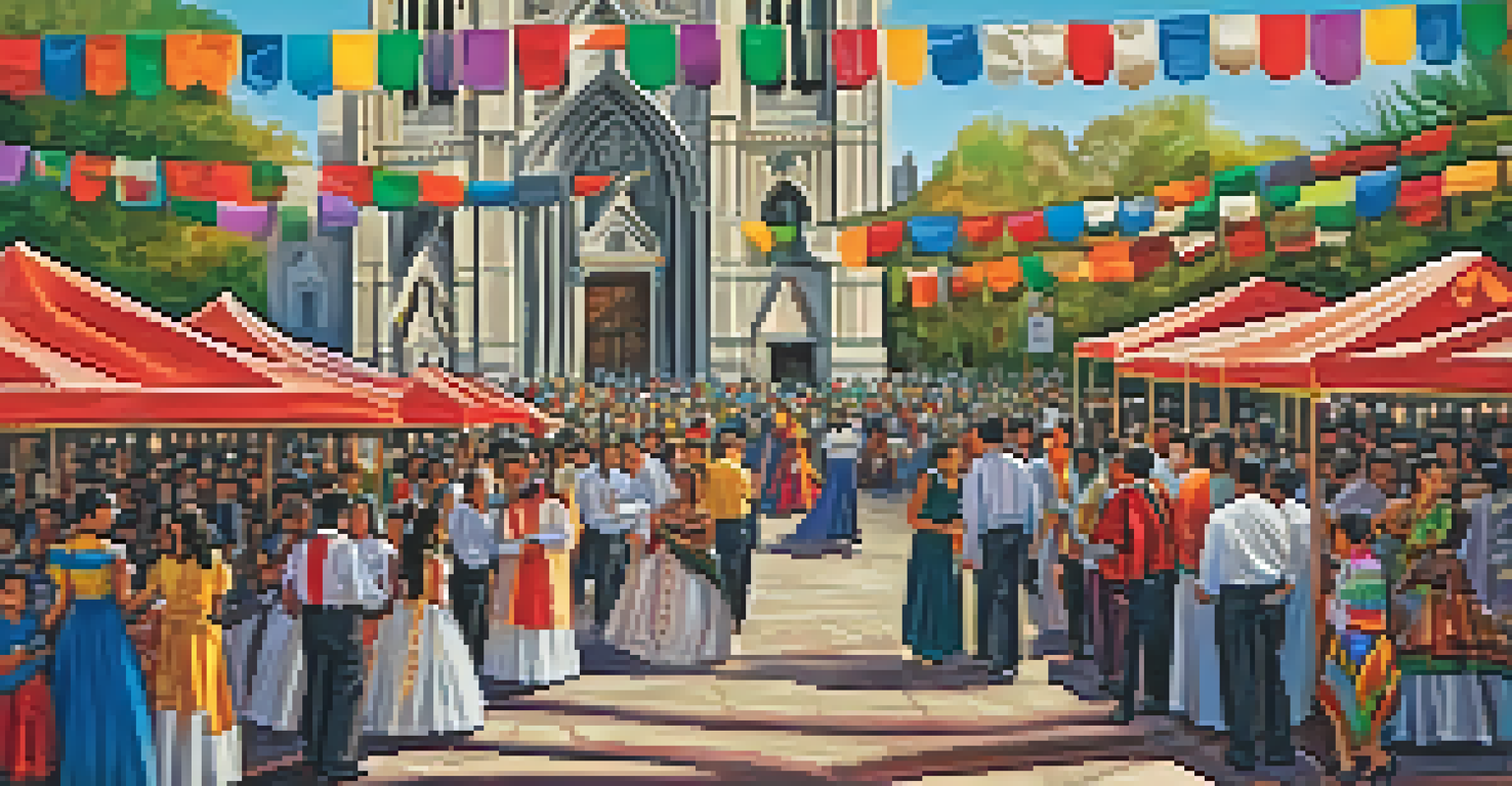 A lively community event at San Fernando Cathedral, featuring colorful decorations and residents in traditional attire celebrating the Fiesta de la Virgen de Guadalupe.