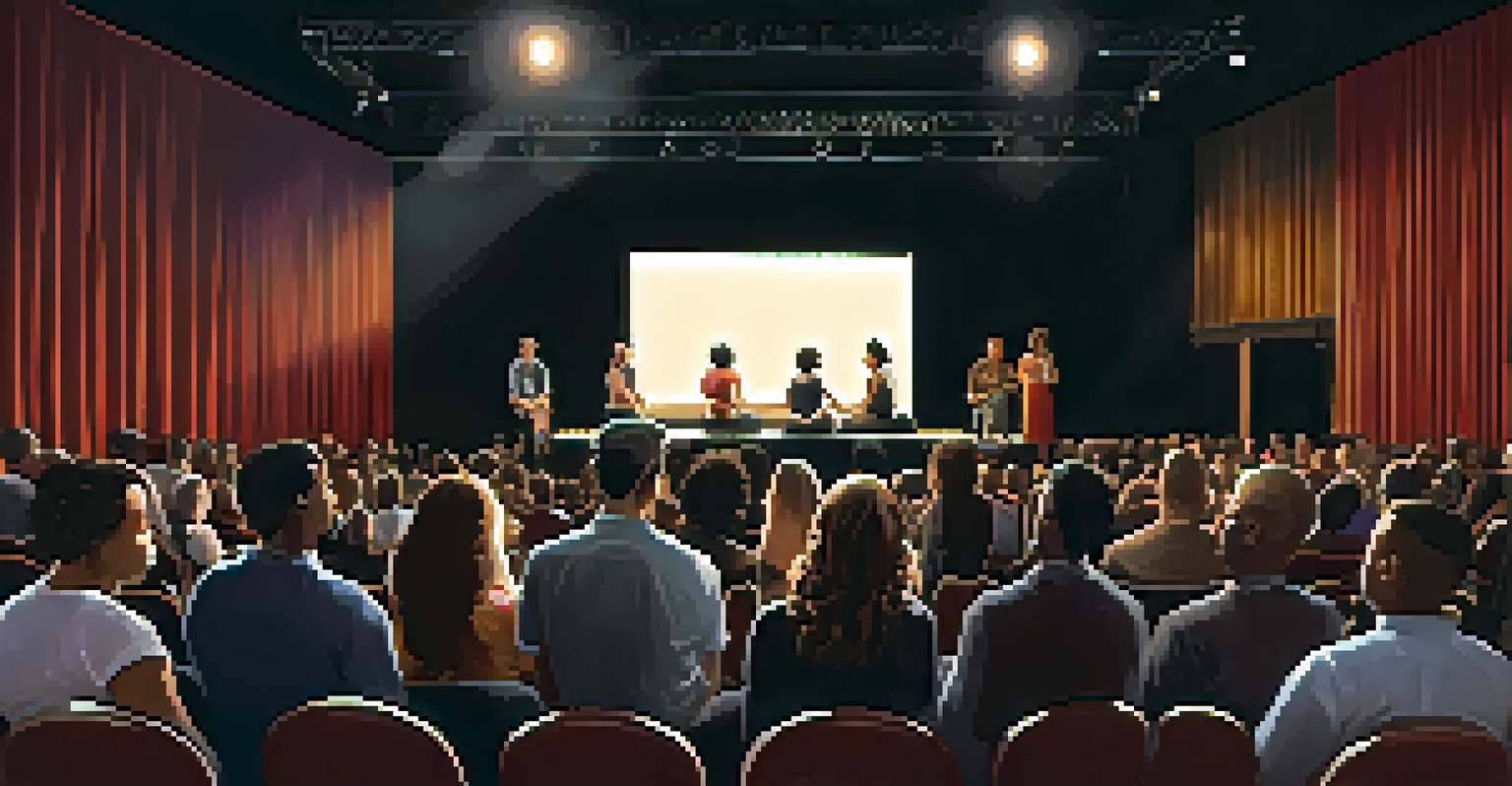 An intimate black box theater with an engaged audience watching a live performance, warm lighting on stage, and expressions of joy among the audience.