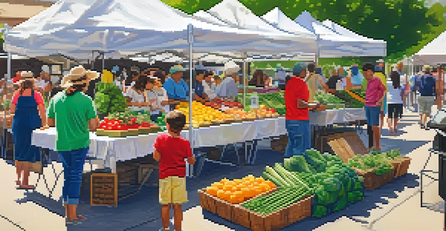 A family-friendly farmers market scene with children participating in a cooking demonstration, surrounded by fresh produce and artisanal foods.