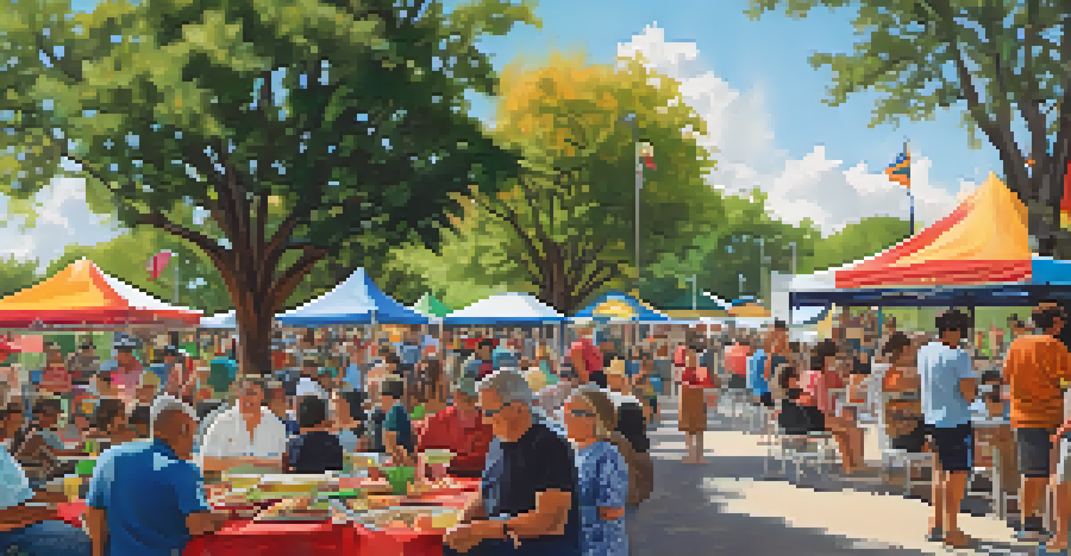 Residents enjoying a local food festival in a park in San Antonio, with colorful stalls and families picnicking under trees.
