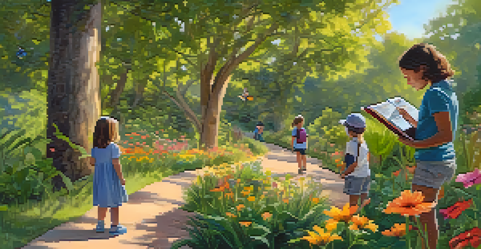 Children exploring a botanical garden, observing butterflies and flowers, guided by a parent.