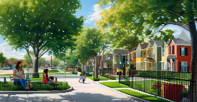 A modern residential neighborhood in San Antonio with colorful homes, green spaces, and families enjoying outdoor activities.
