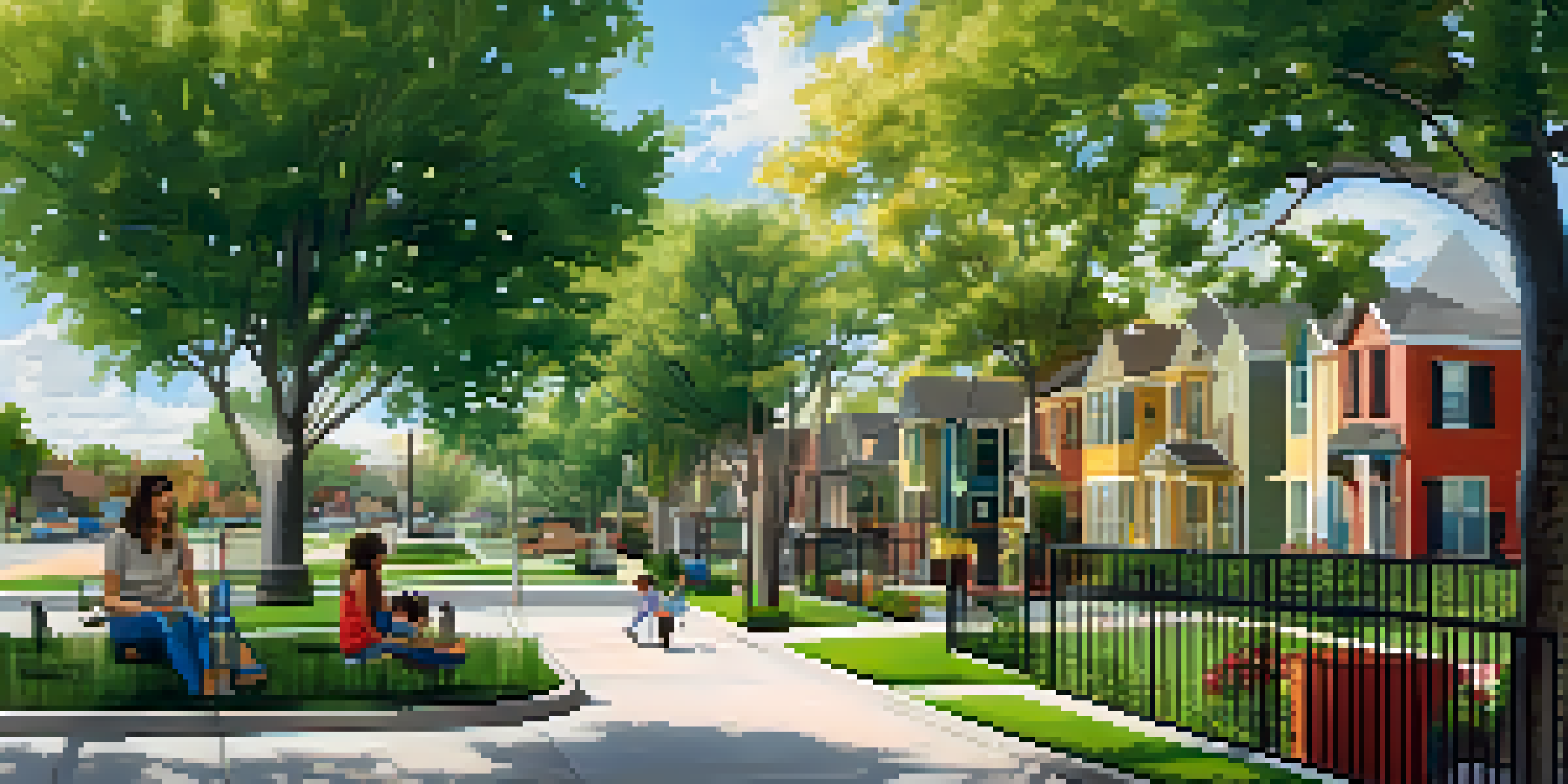 A modern residential neighborhood in San Antonio with colorful homes, green spaces, and families enjoying outdoor activities.